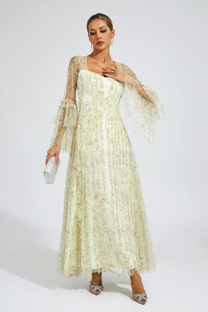 Becky Yellow Mesh Floral Maxi Dress