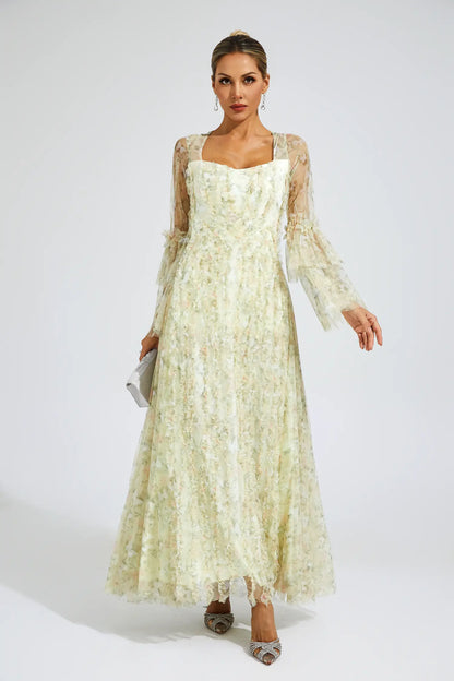 Becky Yellow Mesh Floral Maxi Dress