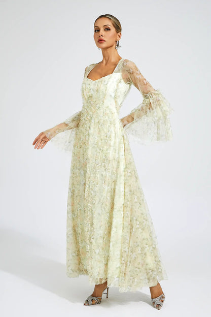 Becky Yellow Mesh Floral Maxi Dress