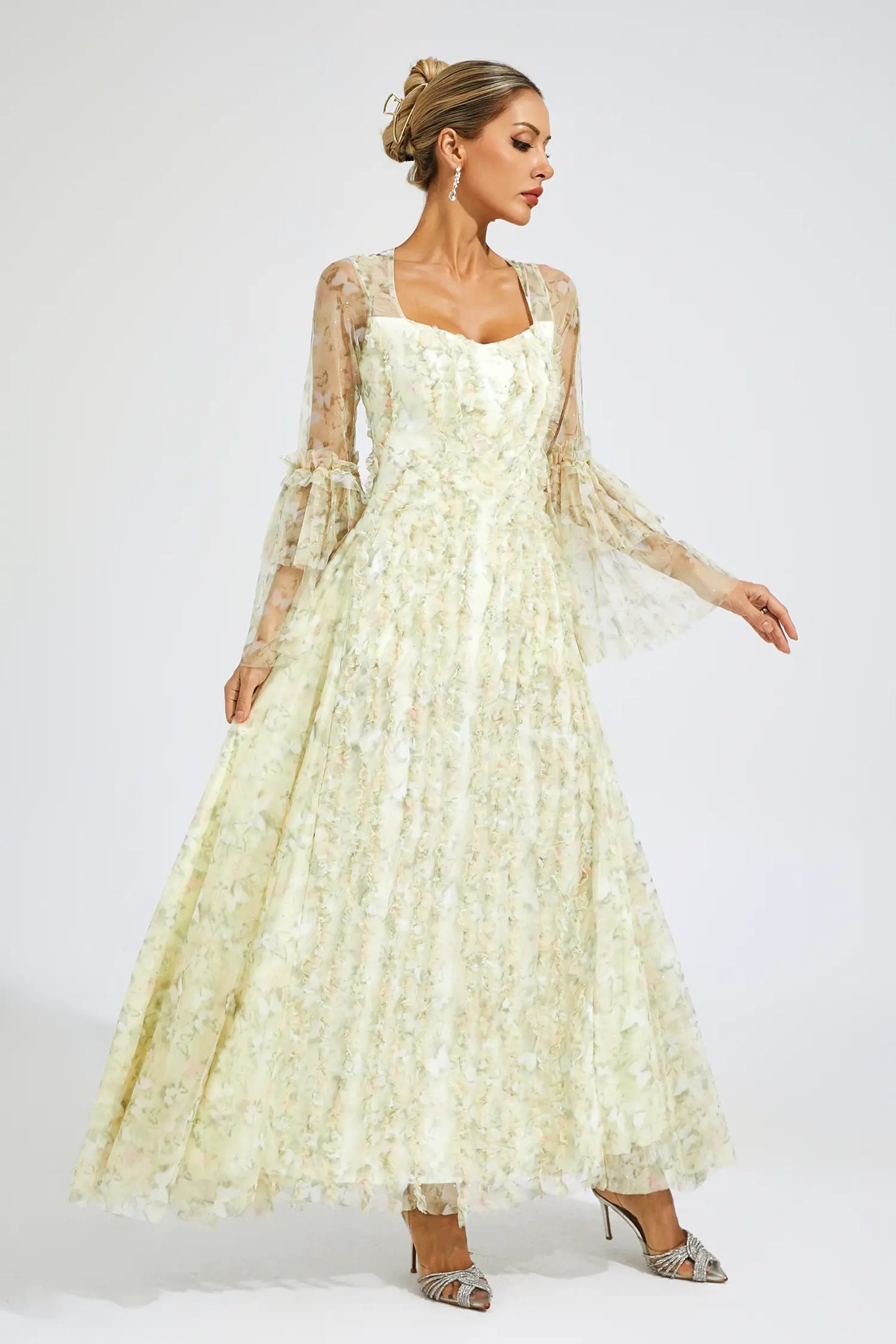 Becky Yellow Mesh Floral Maxi Dress