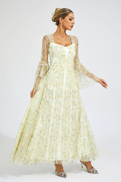 Becky Yellow Mesh Floral Maxi Dress