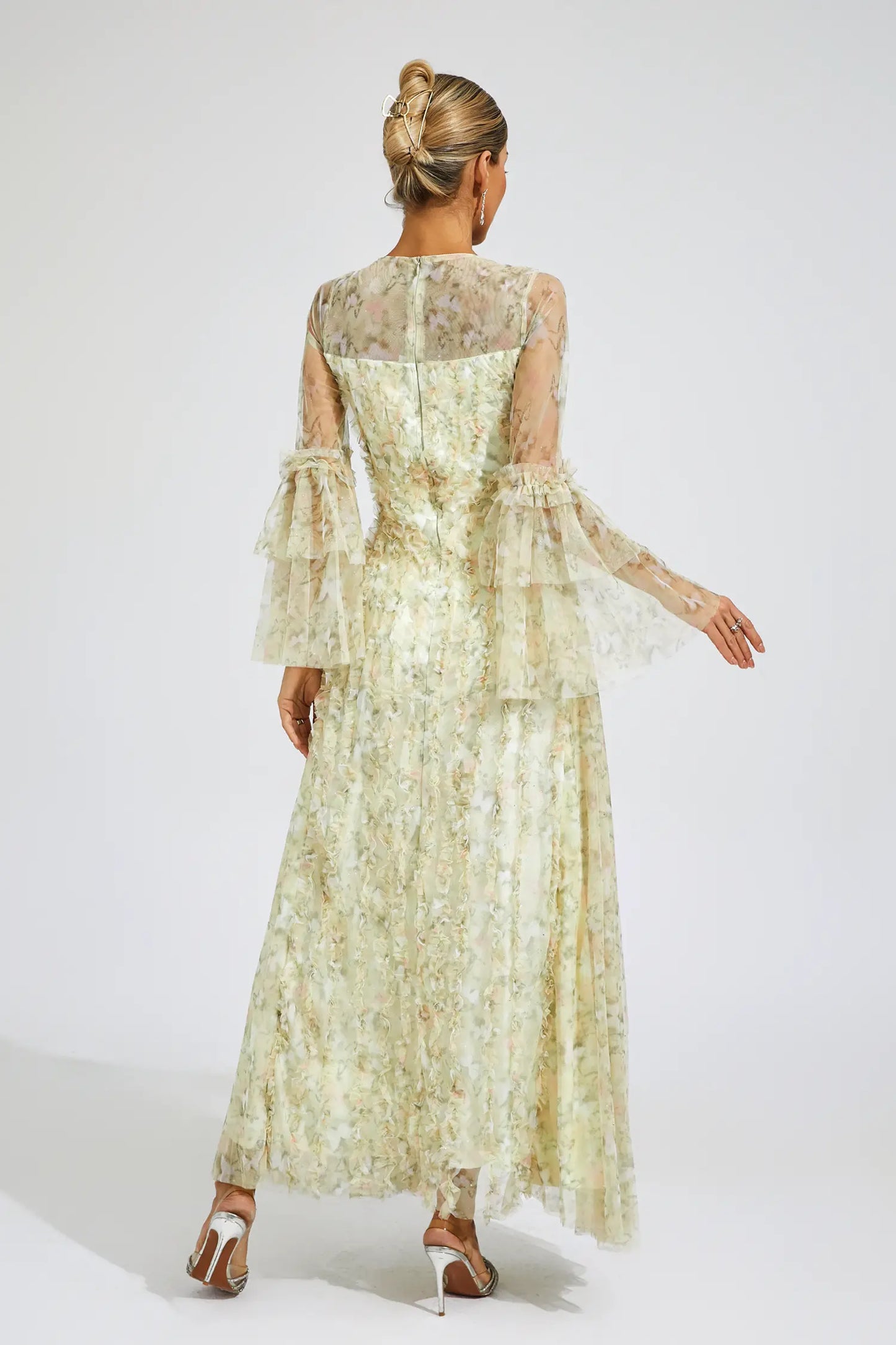 Becky Yellow Mesh Floral Maxi Dress