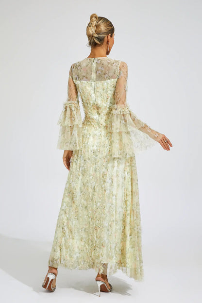 Becky Yellow Mesh Floral Maxi Dress
