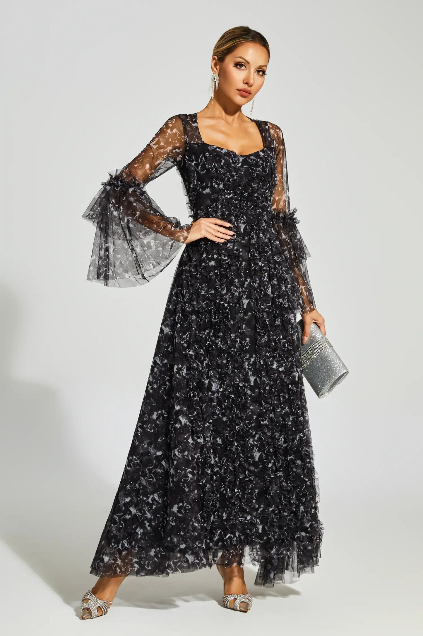 Becky Black Mesh Floral Maxi Dress