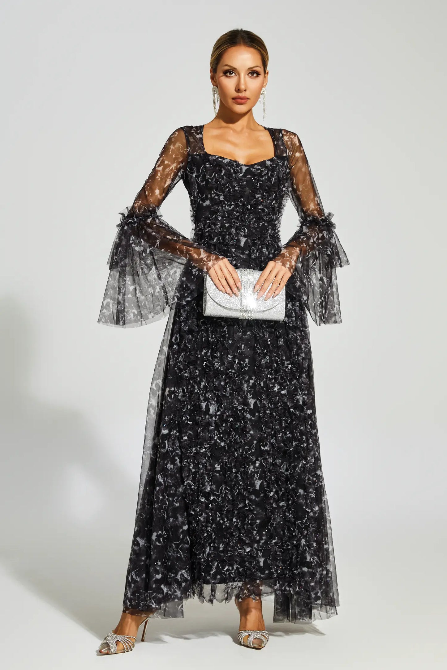 Becky Black Mesh Floral Maxi Dress