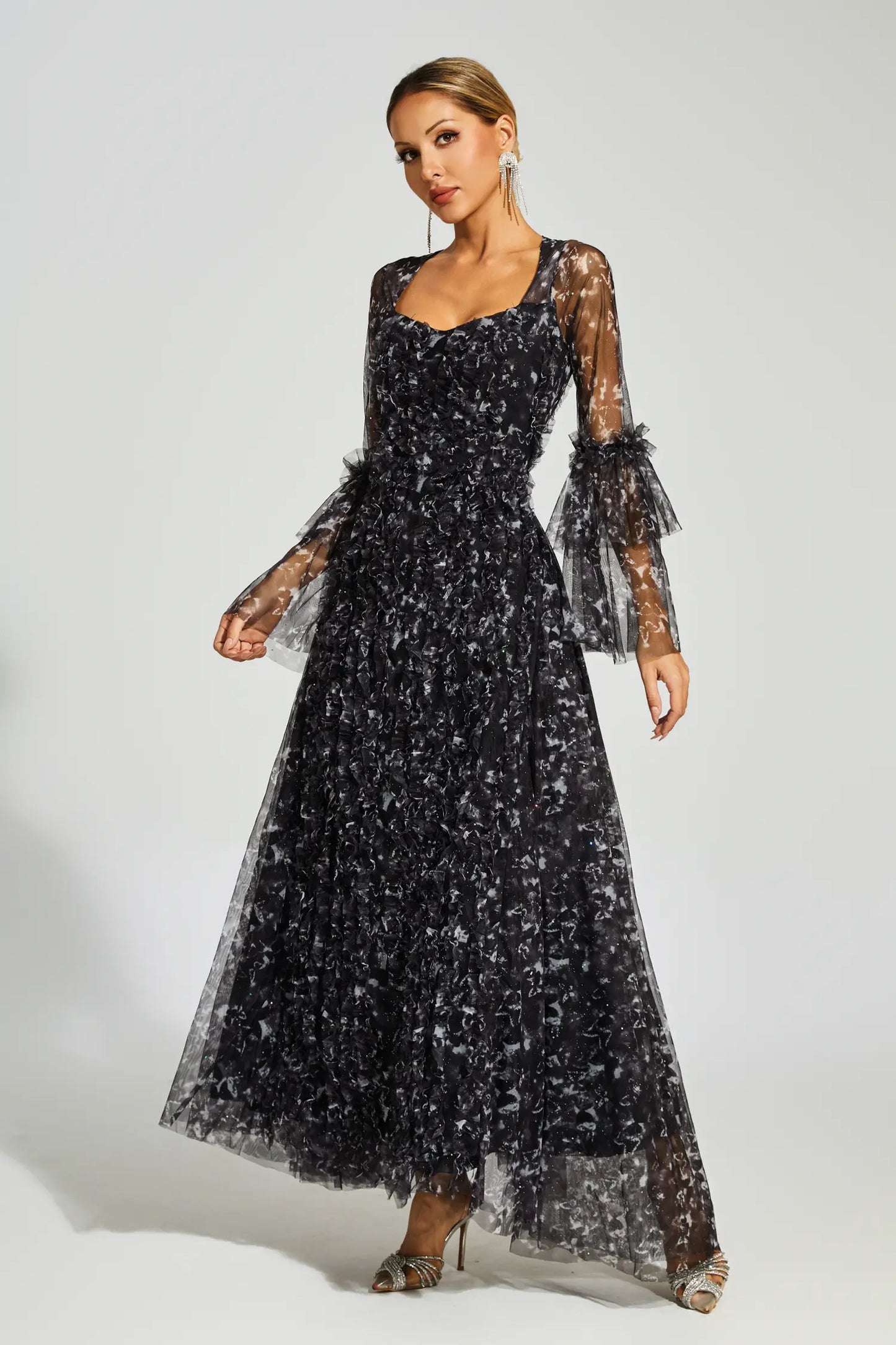 Becky Black Mesh Floral Maxi Dress