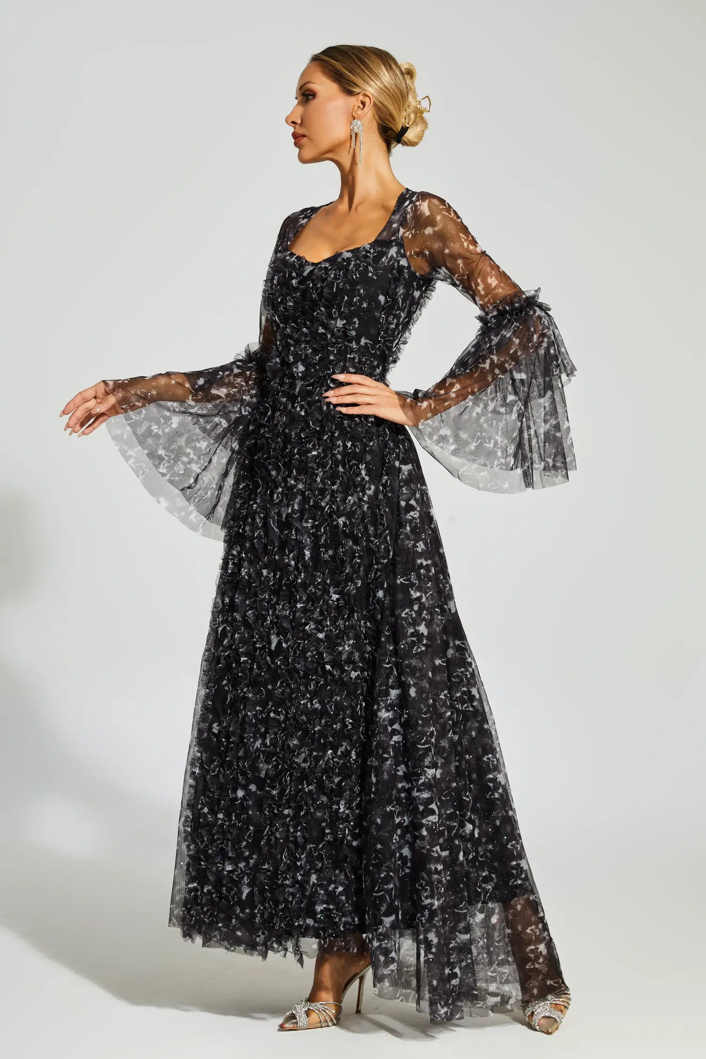 Becky Black Mesh Floral Maxi Dress