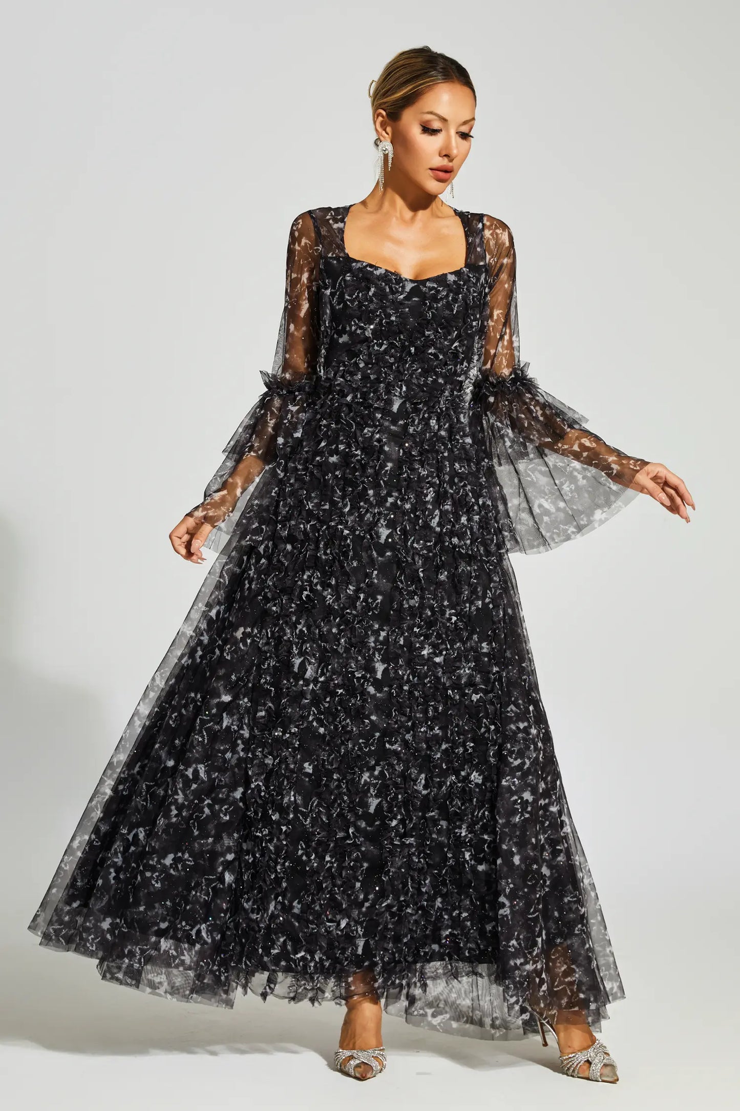 Becky Black Mesh Floral Maxi Dress