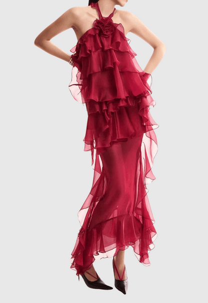 Bedelia Floral Halter Chiffon Ruffle Midi Dress