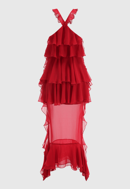 Bedelia Floral Halter Chiffon Ruffle Midi Dress