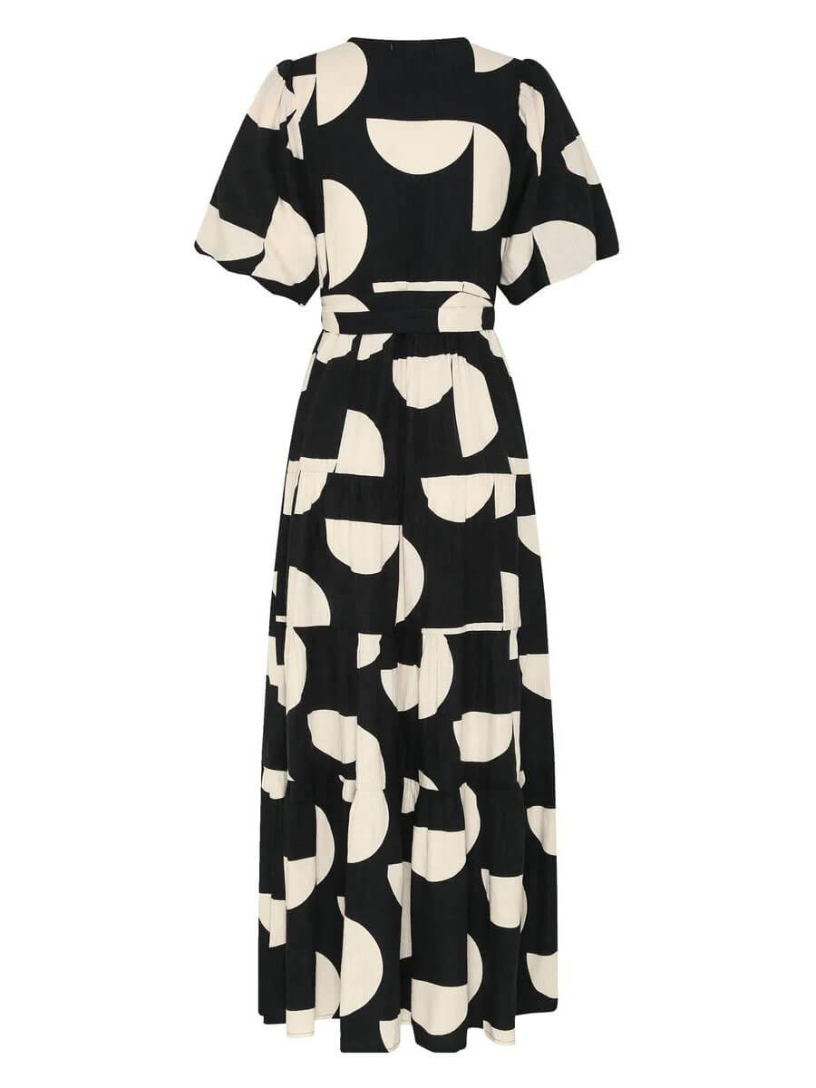 Geometric Print Puff Sleeve Wrap Tie Tiered Maxi Dress