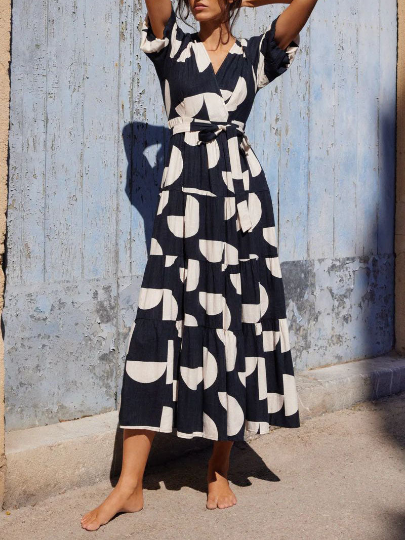 Geometric Print Puff Sleeve Wrap Tie Tiered Maxi Dress