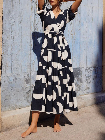 Geometric Print Puff Sleeve Wrap Tie Tiered Maxi Dress