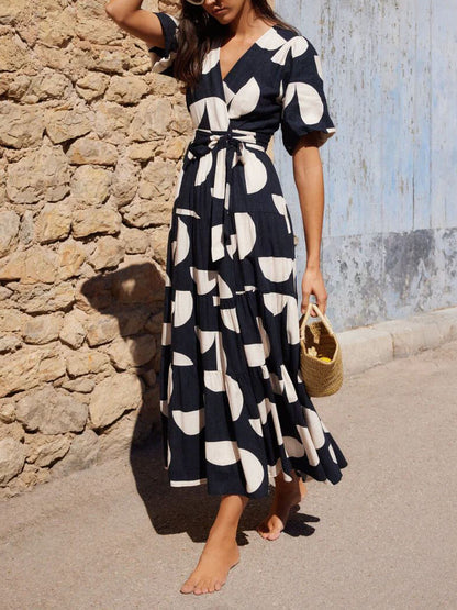 Geometric Print Puff Sleeve Wrap Tie Tiered Maxi Dress
