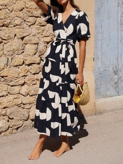 Geometric Print Puff Sleeve Wrap Tie Tiered Maxi Dress