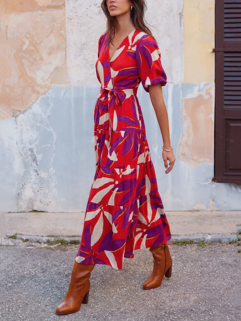 Abstract Print Tiered Wrap V-Neck Puff Sleeve High Slit Maxi Dress