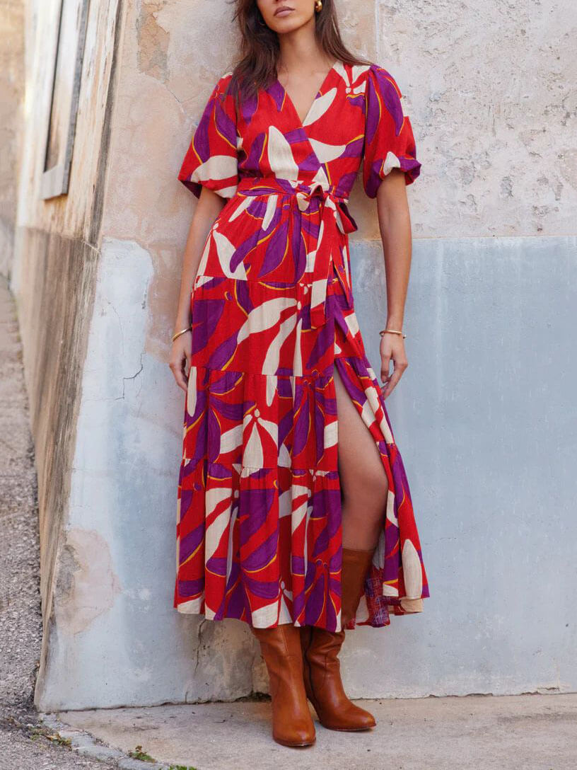 Abstract Print Tiered Wrap V-Neck Puff Sleeve High Slit Maxi Dress