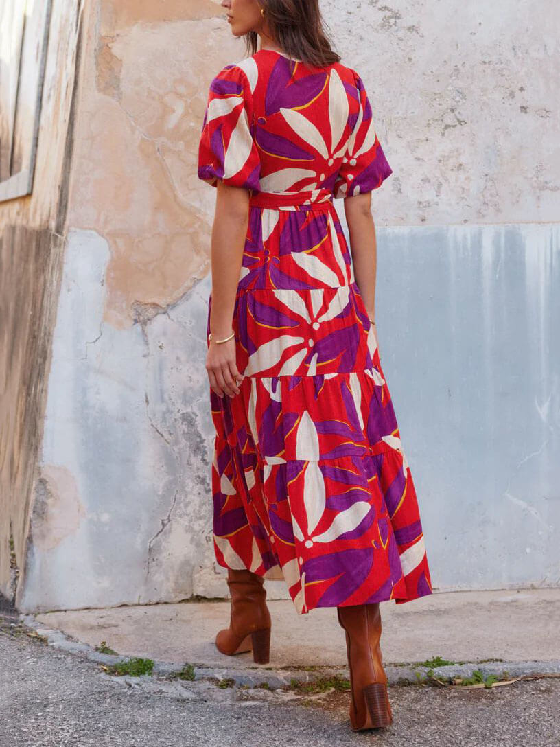 Abstract Print Tiered Wrap V-Neck Puff Sleeve High Slit Maxi Dress