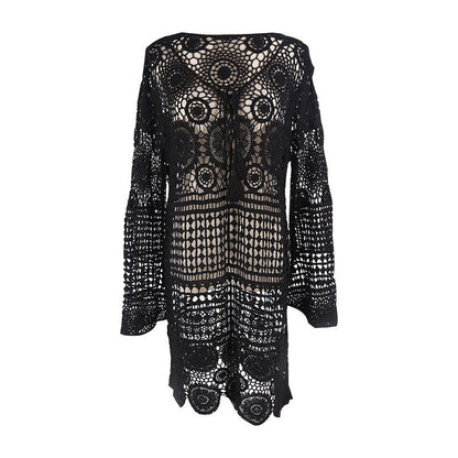 Bell Sleeve Water Soluble Hollow Out Cutout Loose Beach Cover Up Sun Proof Vacation Beach Swimsuit Outer Wear