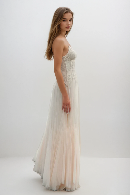 Beppe Lace Corset Tulle Dress In Cream