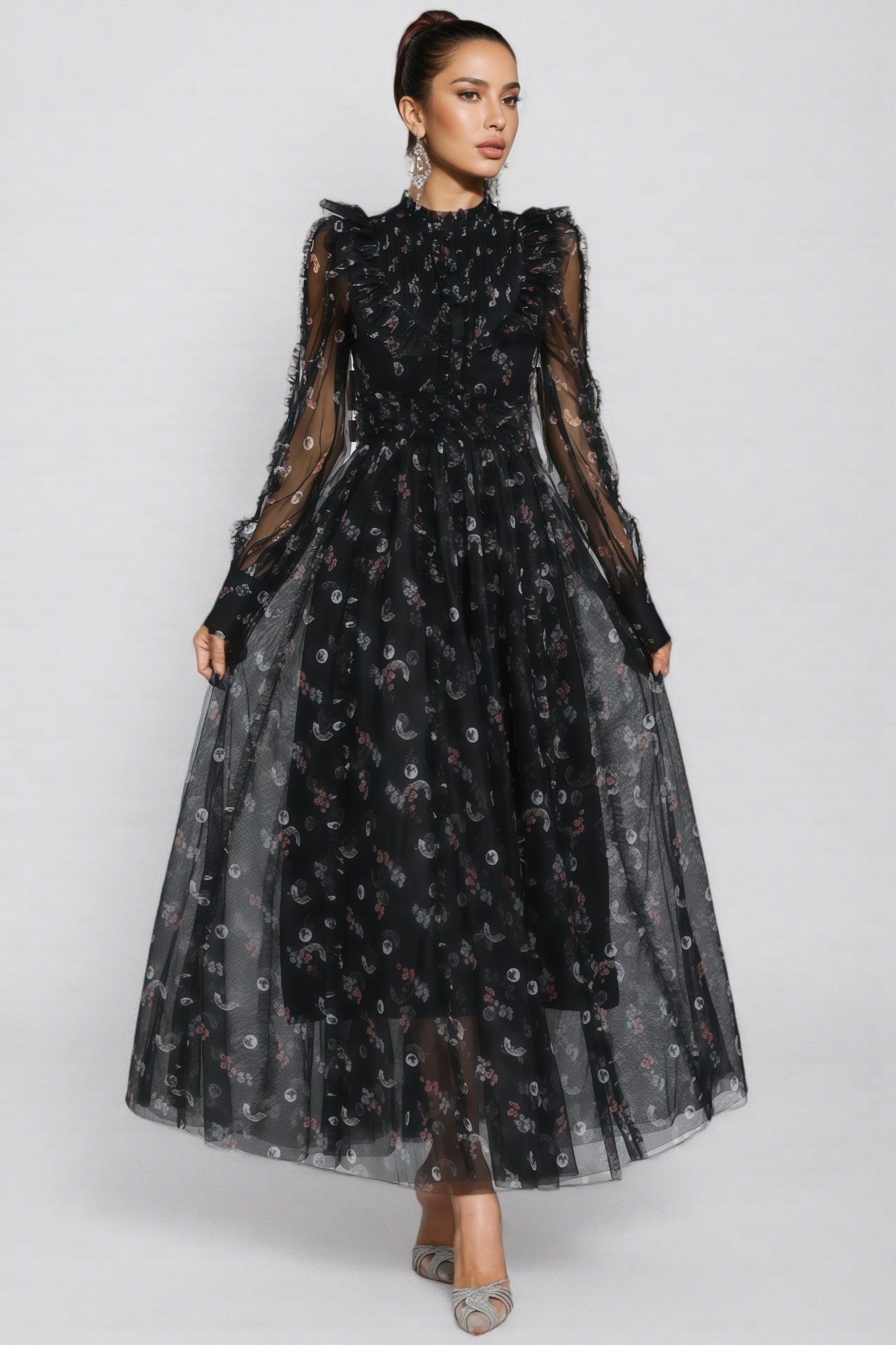 Cadence Black Floral Long Sleeve Maxi Dress