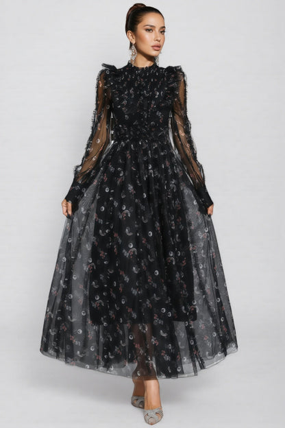 Cadence Black Floral Long Sleeve Maxi Dress