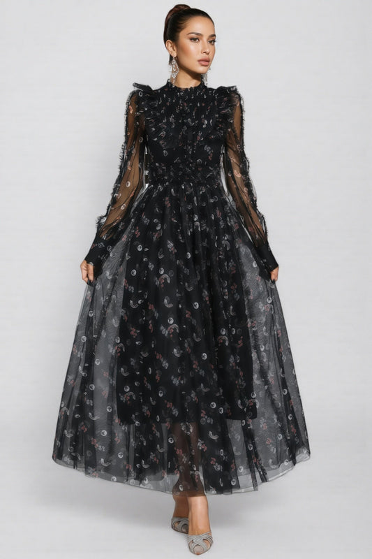Cadence Black Floral Long Sleeve Maxi Dress