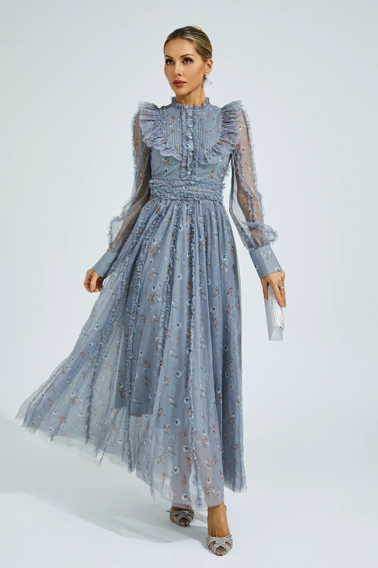 Beryl Grey Floral Long Sleeve Dress