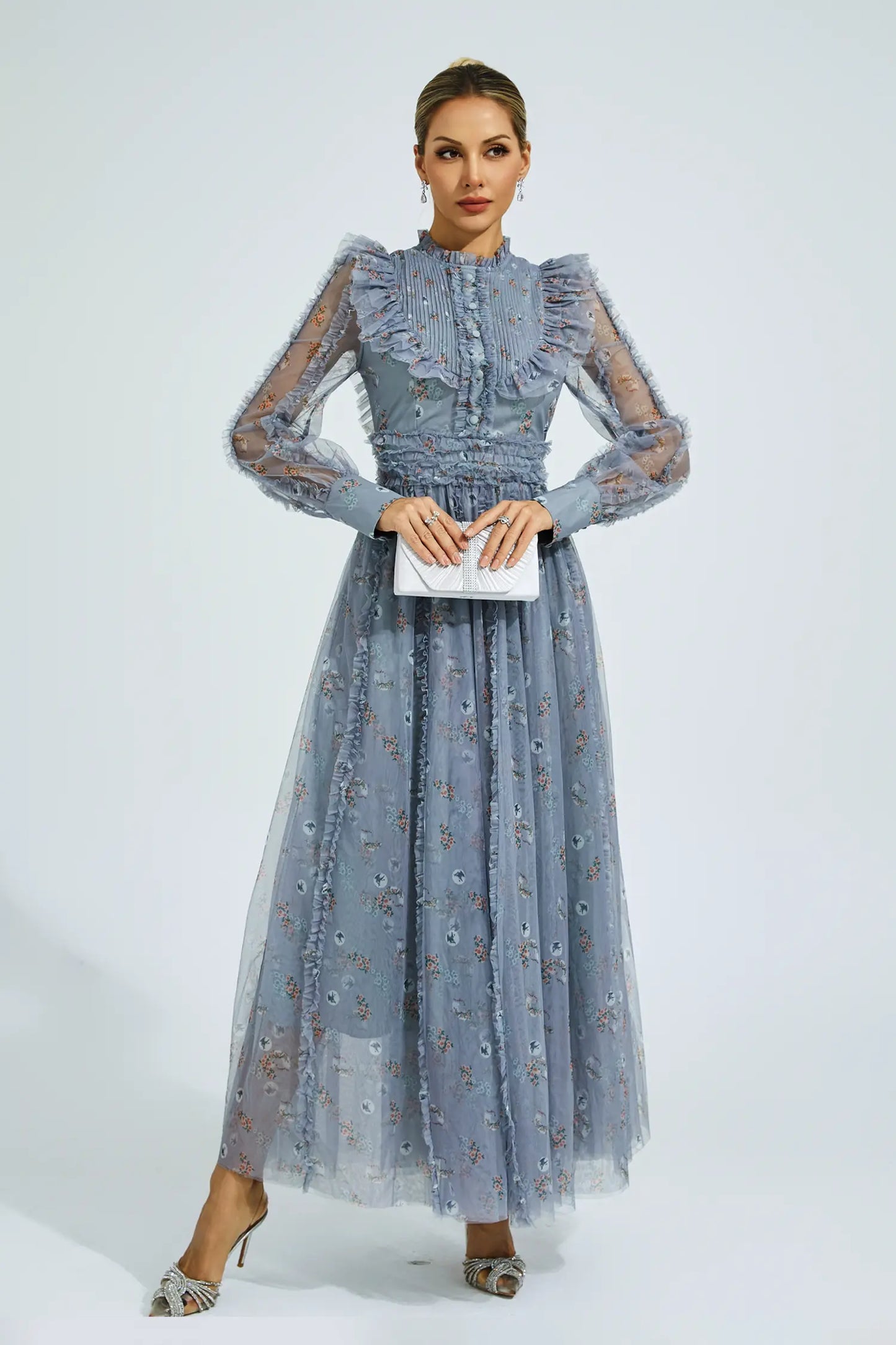 Beryl Grey Floral Long Sleeve Dress