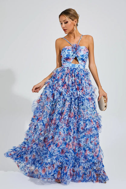 Bess Blue Ruched Floral Halter Dress