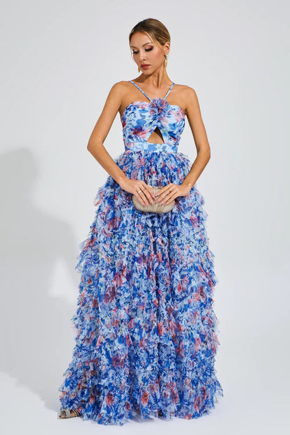 Bess Blue Ruched Floral Halter Dress