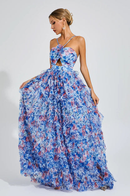 Bess Blue Ruched Floral Halter Dress