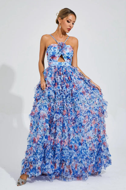 Bess Blue Ruched Floral Halter Dress