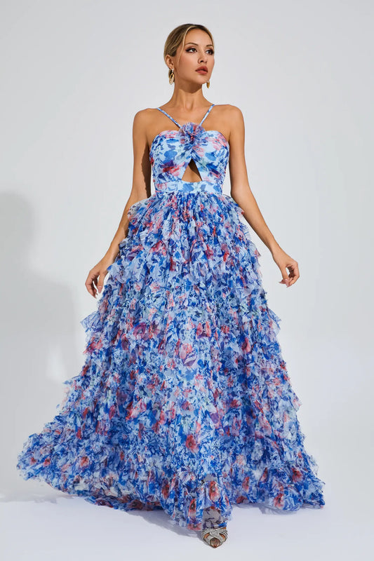 Bess Blue Ruched Floral Halter Dress