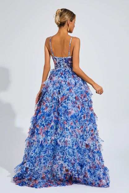 Bess Blue Ruched Floral Halter Dress