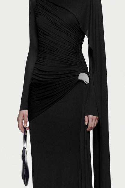 Betsey Asymmetrical Flap Ruched Maxi Dress - Black