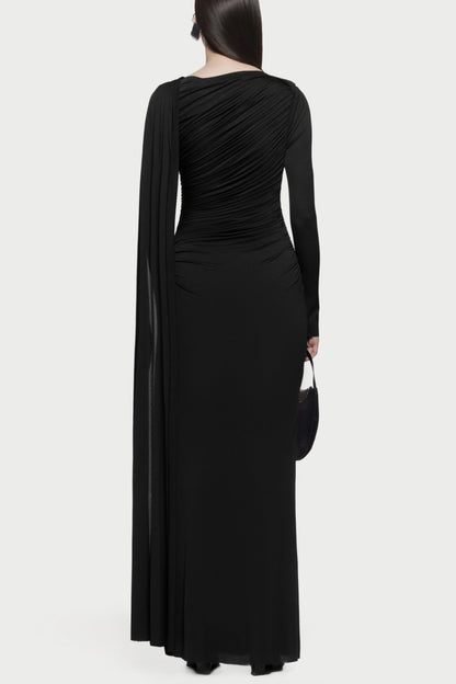 Betsey Asymmetrical Flap Ruched Maxi Dress - Black