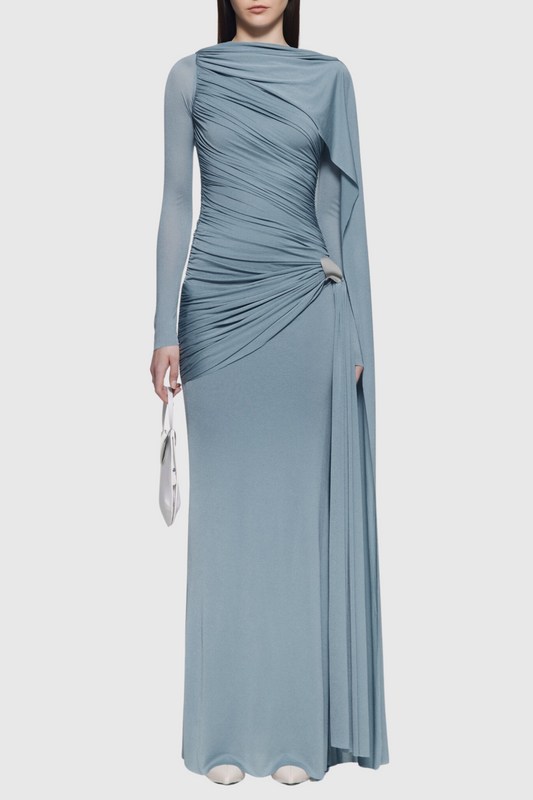 Betsey Asymmetrical Flap Ruched Maxi Dress - Blue