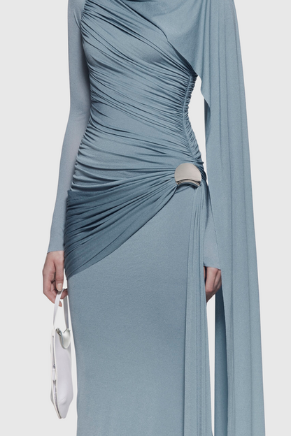 Betsey Asymmetrical Flap Ruched Maxi Dress - Blue