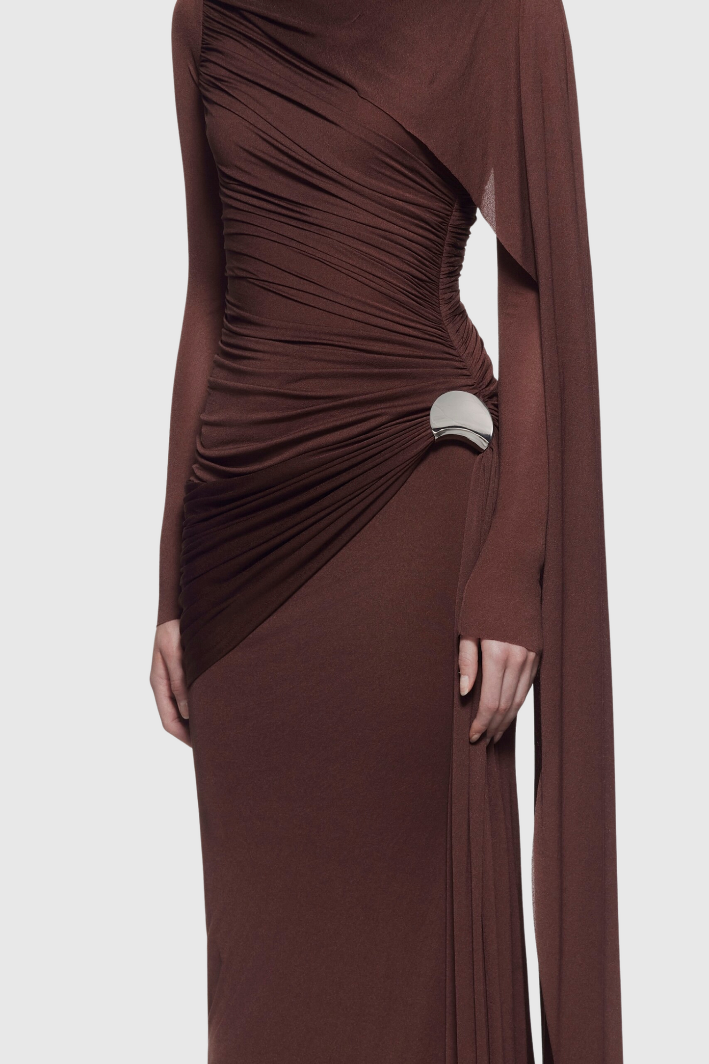 Betsey Asymmetrical Flap Ruched Maxi Dress - Brown