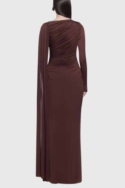 Betsey Asymmetrical Flap Ruched Maxi Dress - Brown