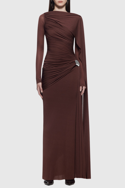Betsey Asymmetrical Flap Ruched Maxi Dress - Brown