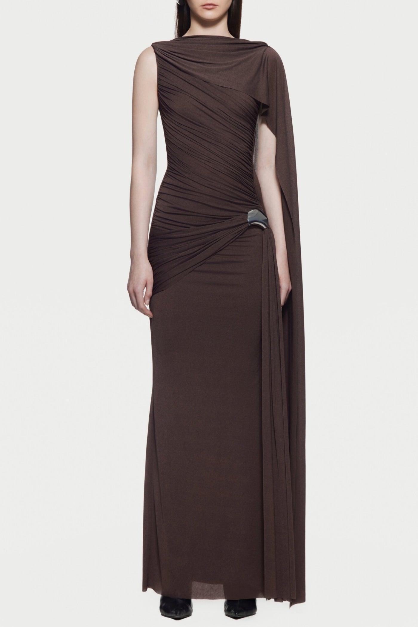 Betsey Asymmetrical Sleeveless Ruched Maxi Dress - Brown
