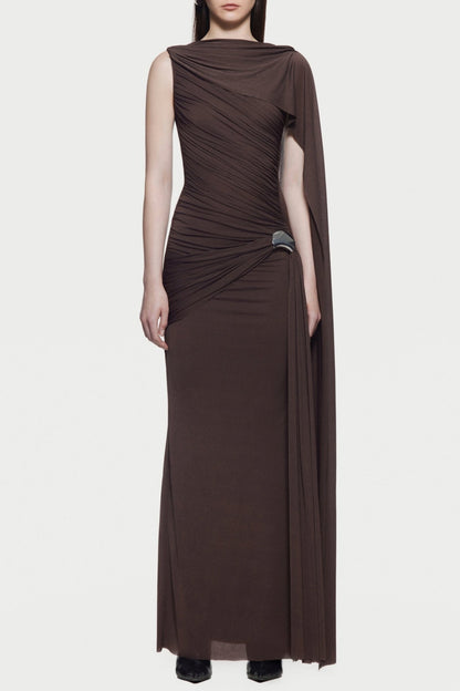 Betsey Asymmetrical Sleeveless Ruched Maxi Dress - Brown