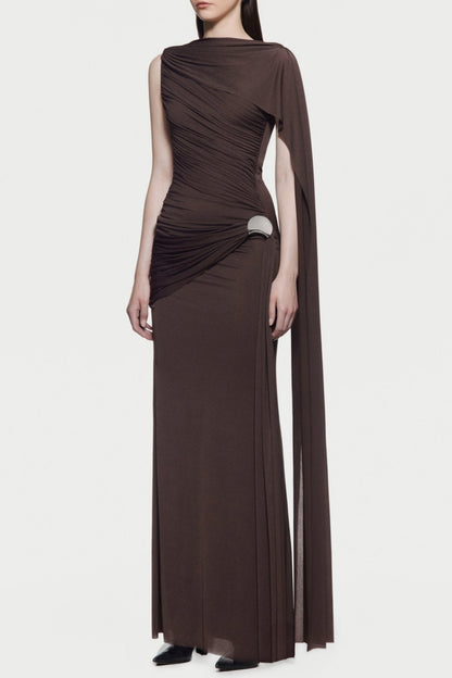 Betsey Asymmetrical Sleeveless Ruched Maxi Dress - Brown