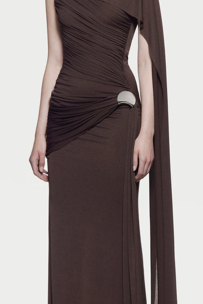 Betsey Asymmetrical Sleeveless Ruched Maxi Dress - Brown
