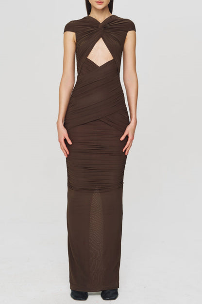 Bettye Off Shoulder Cutout Ruched Mesh Maxi Dress