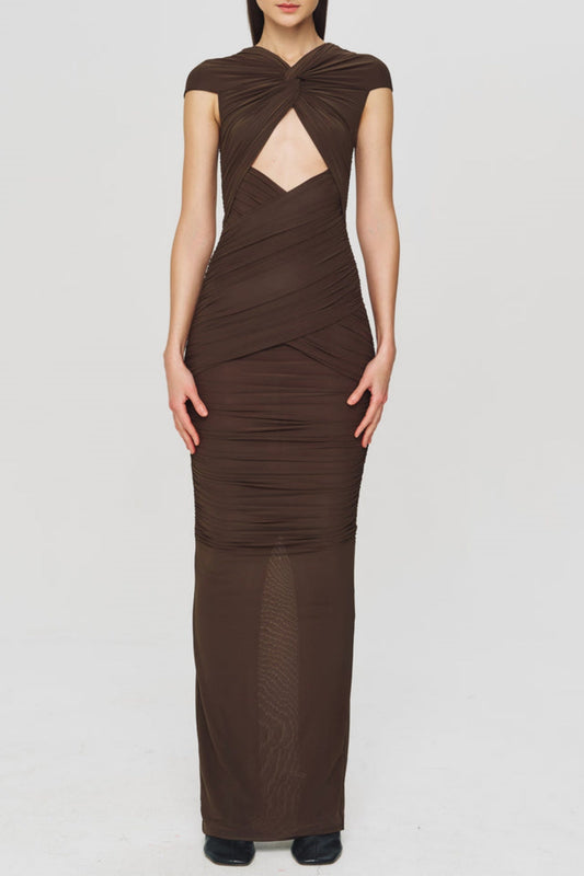 Bettye Off Shoulder Cutout Ruched Mesh Maxi Dress