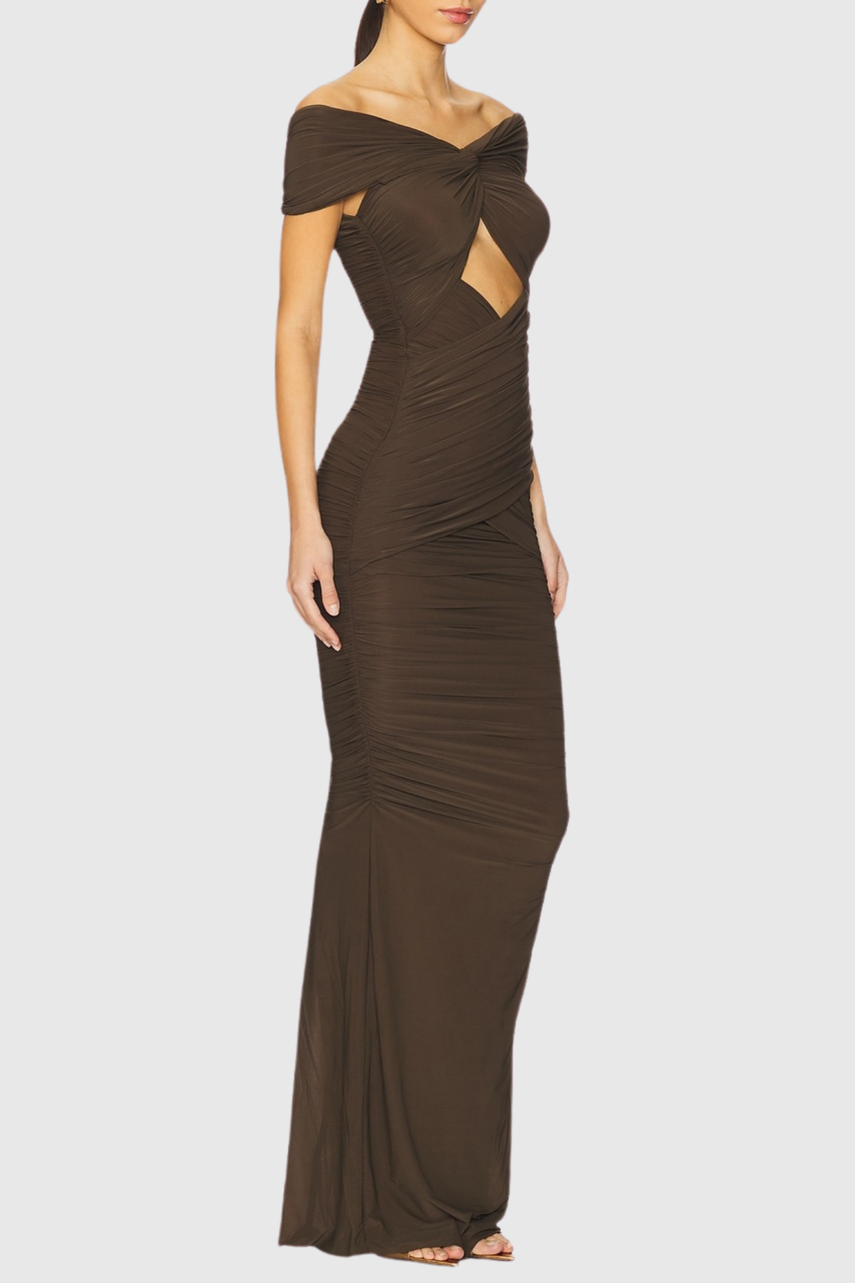 Bettye Off Shoulder Cutout Ruched Mesh Maxi Dress