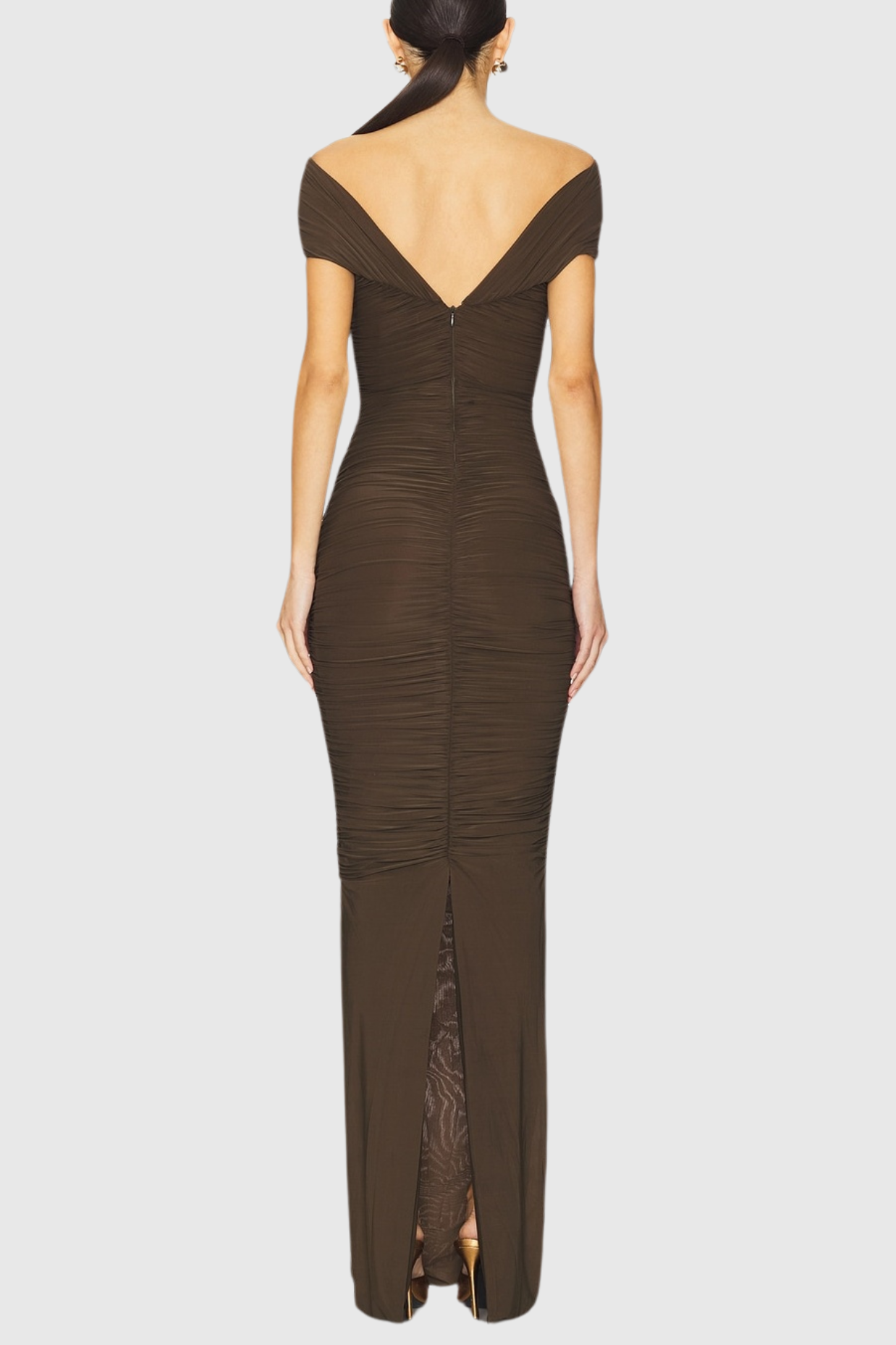 Bettye Off Shoulder Cutout Ruched Mesh Maxi Dress